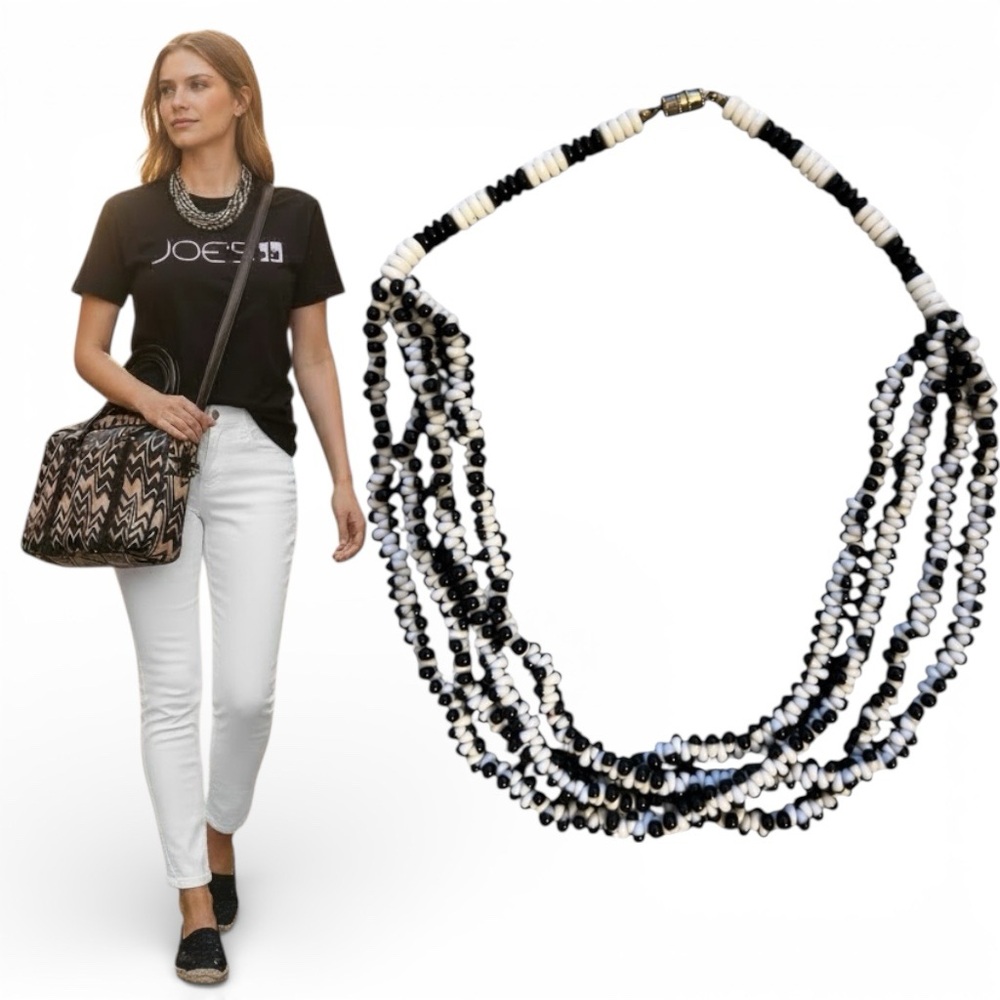 VINTAGE CHOKER  Black and White Beaded multi-strand 80s Necklace